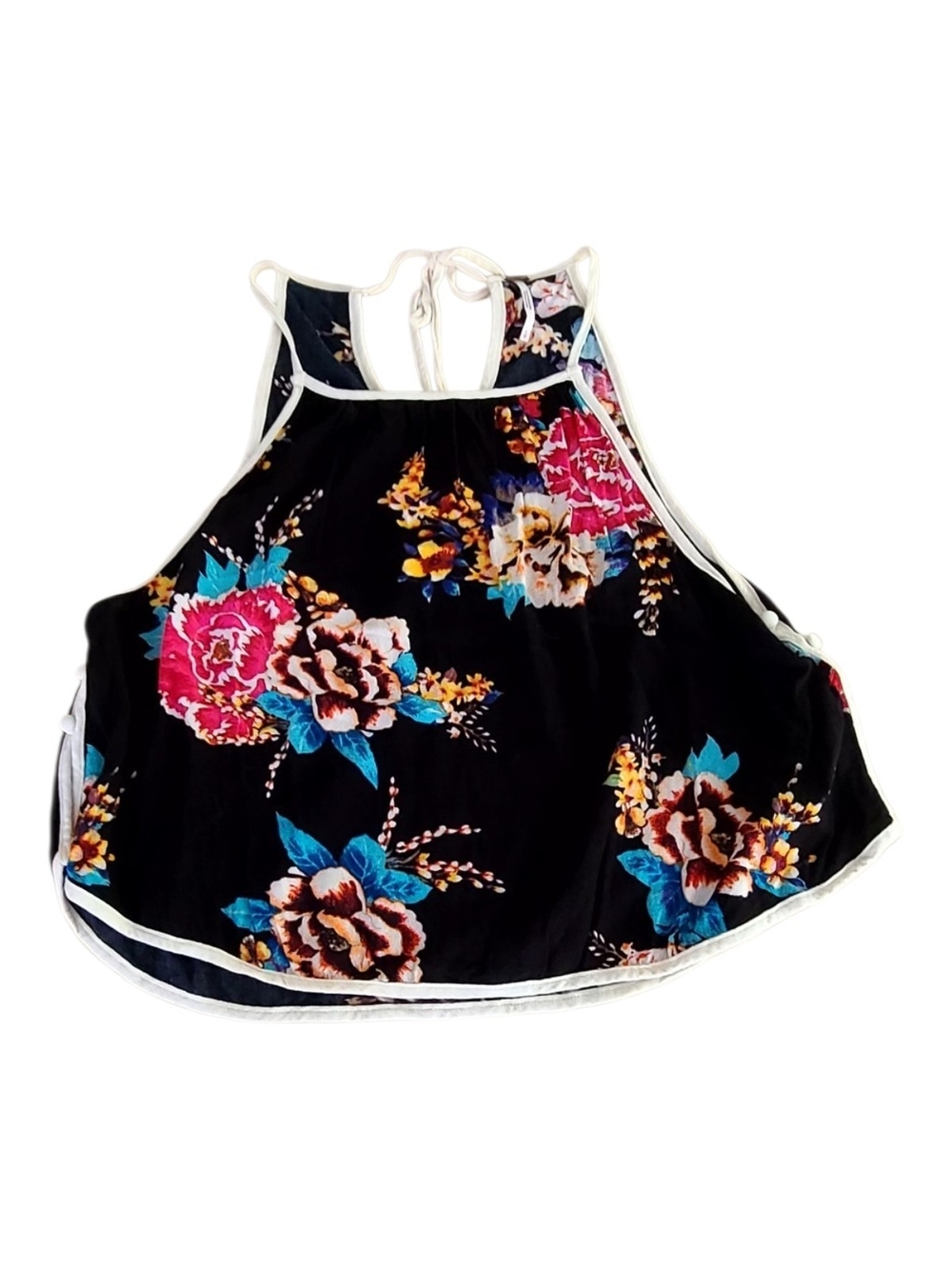 Free People Black Floral Halter Tank with White Trim
